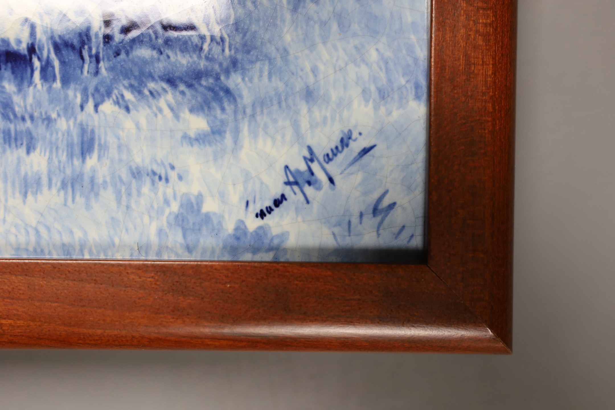 A.Maude, framed blue and white panel, 14x20cm